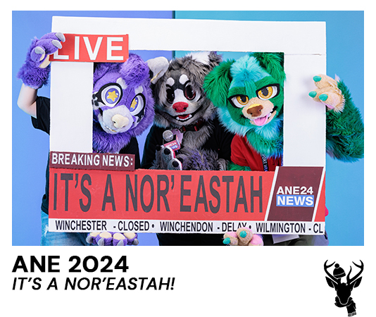 A polaroid of a group of fursuiters from ANE 2024, with a Newscast Cardboard cutout, exclaiming "It's a Nor'Eastah!"